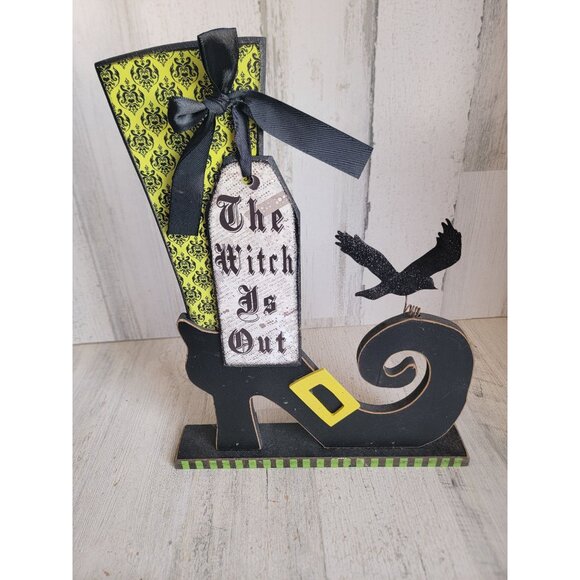 Wooden witch is out boot green striped Halloween self sitter crow - Picture 1 of 9